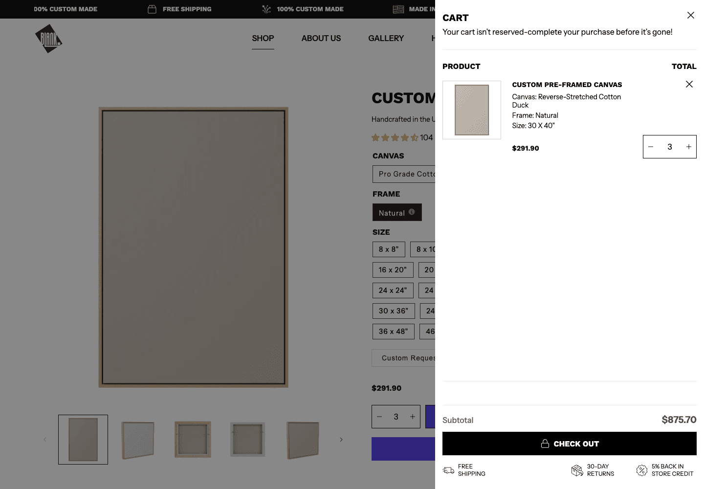 Blank Inspiration US populated cart drawer with configured canvas details and subtotal