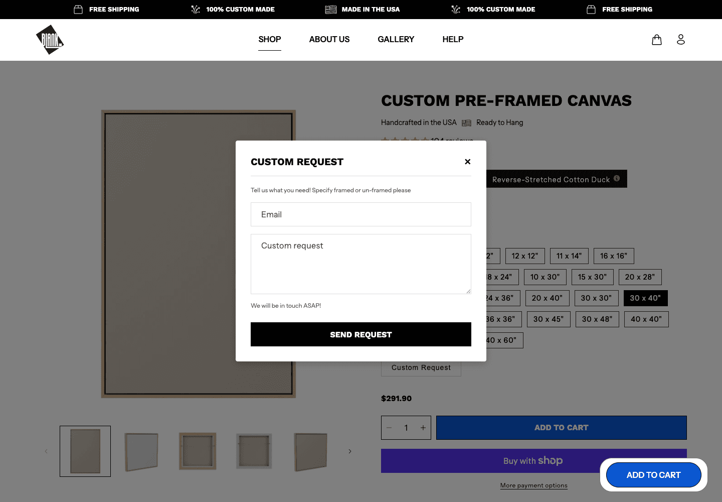 Blank Inspiration US custom-size request modal over the configured product page
