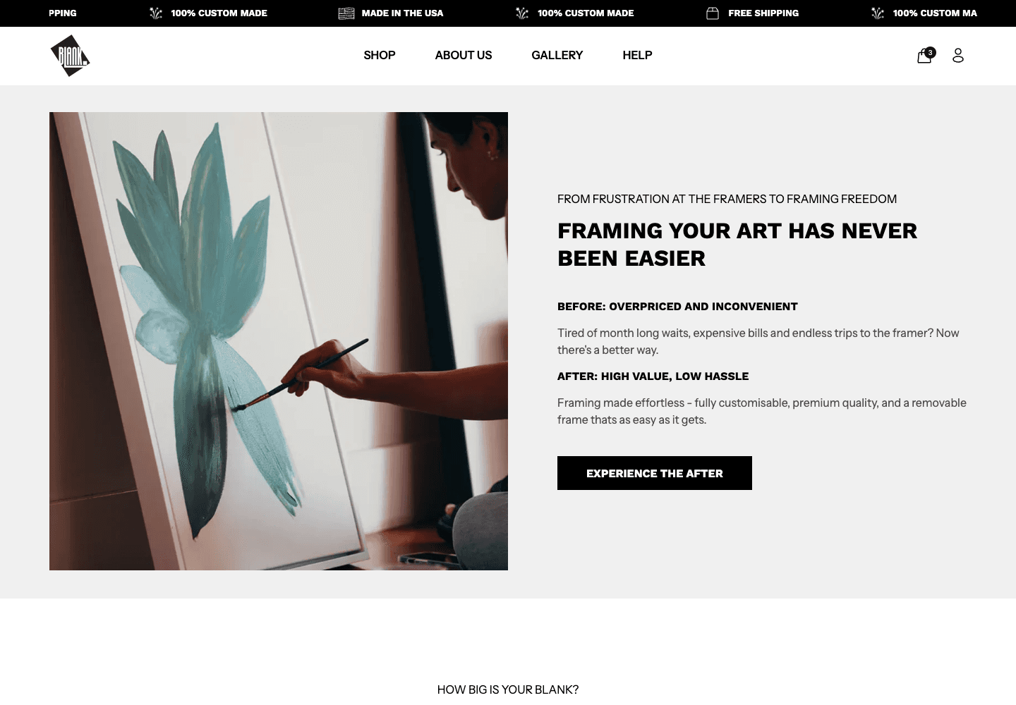 Blank Inspiration US homepage story section explaining the ready-to-hang canvas proposition