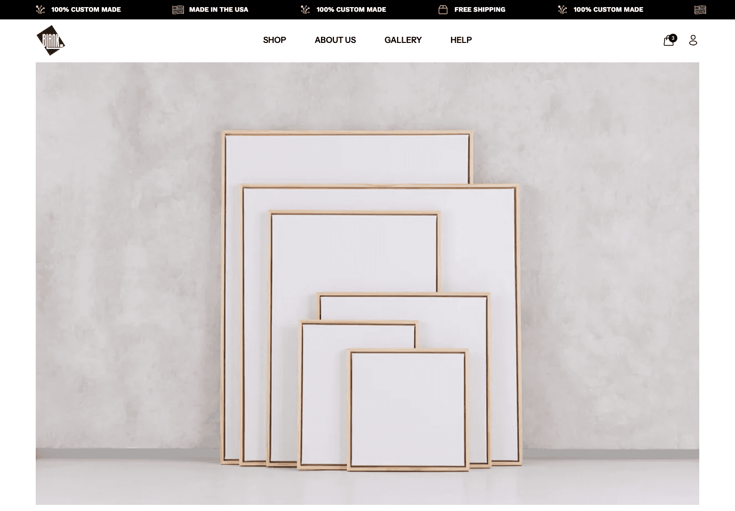 Blank Inspiration US product page showing the full standard canvas size range