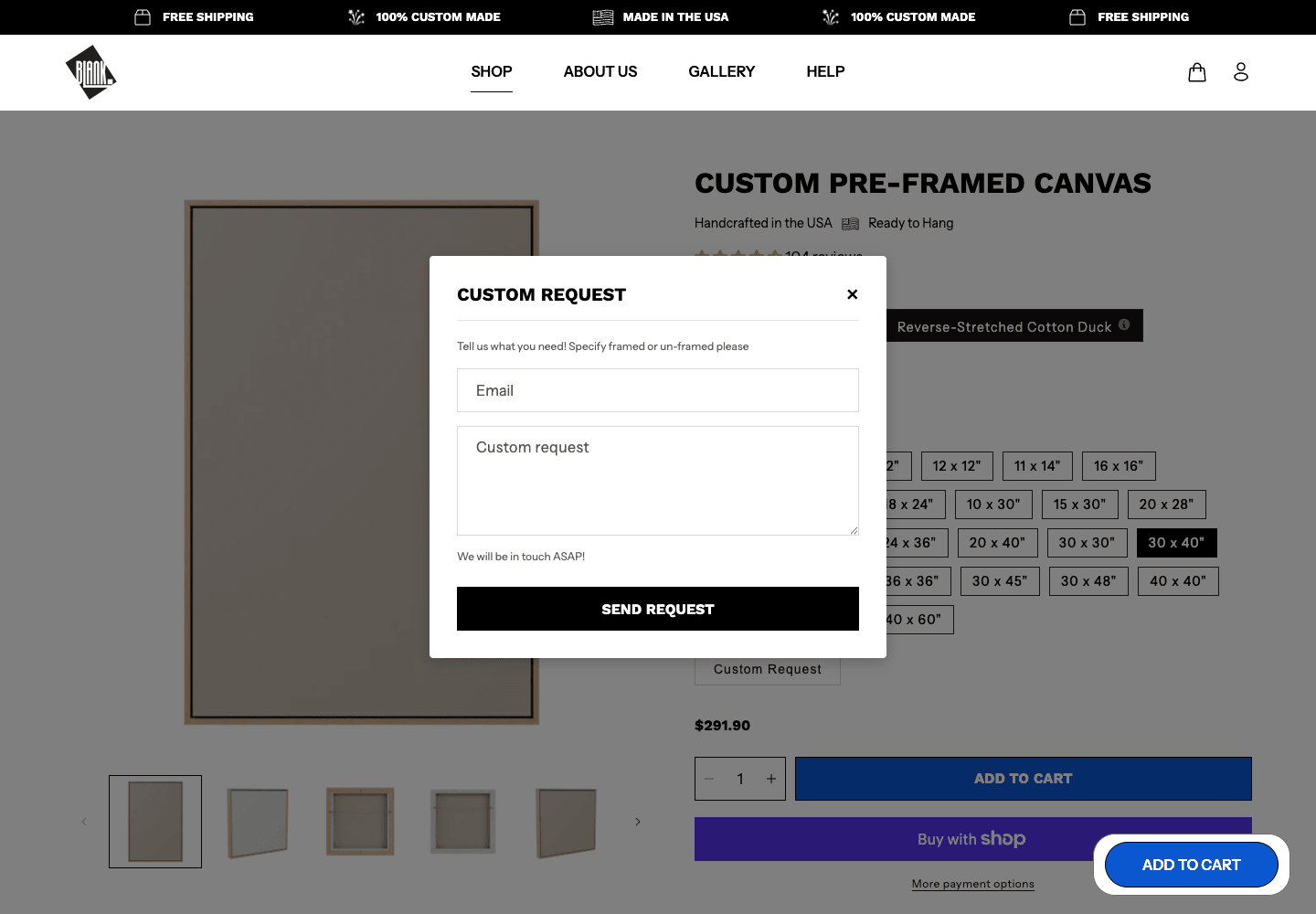 Formularul Blank Inspiration US pentru cererea unei mărimi speciale