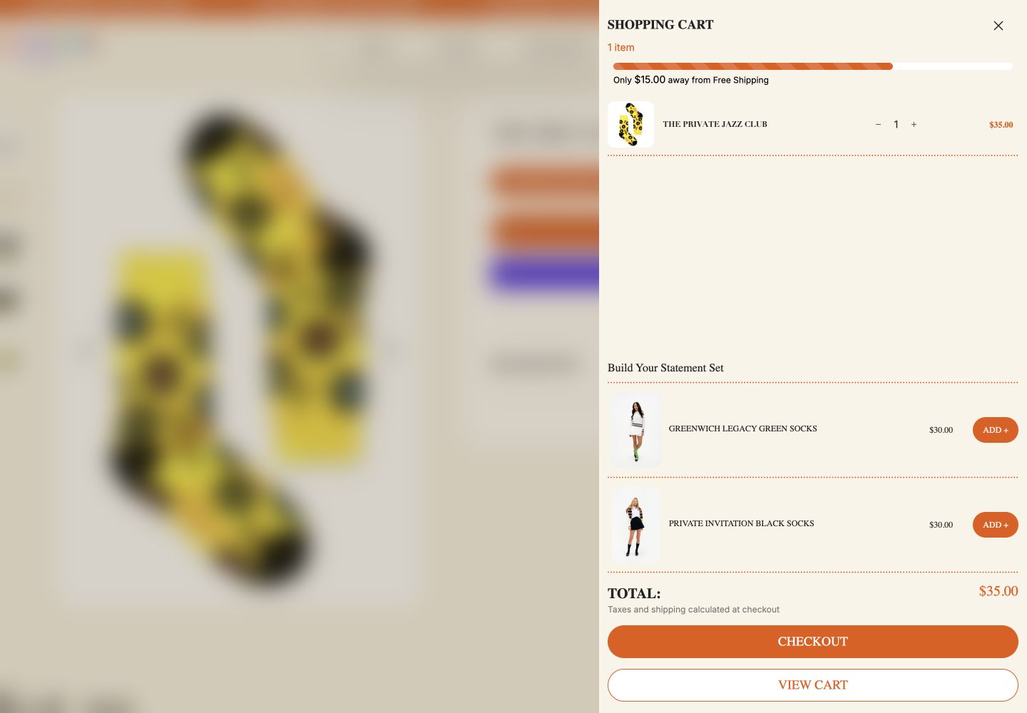 Best Colorful Socks populated cart drawer with free-shipping progress and product recommendations