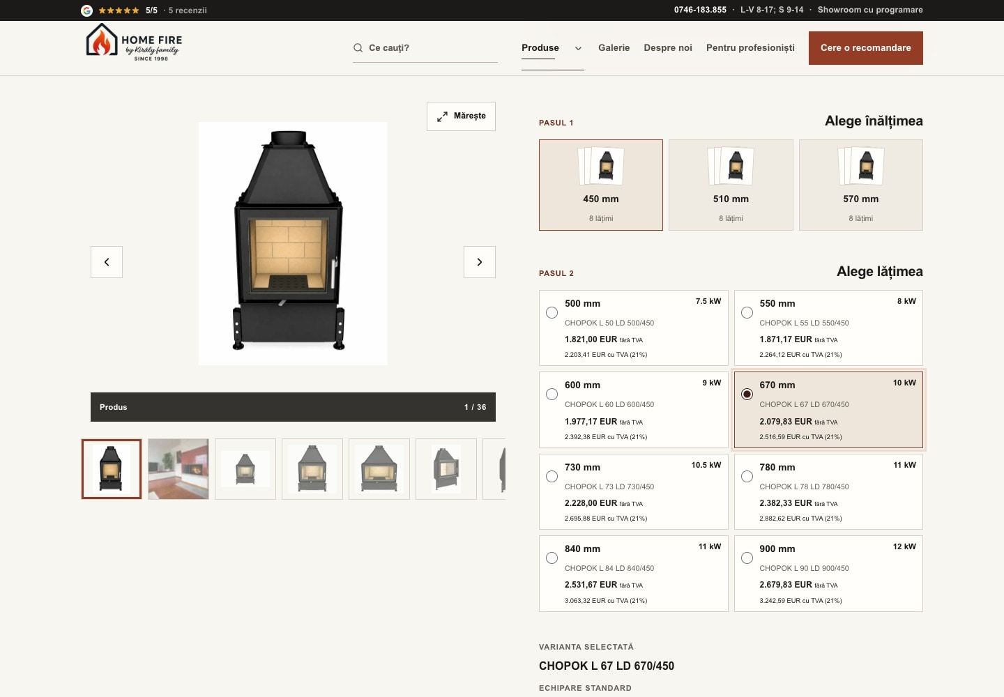 Configurator CHOPOK L LD cu alegeri de înălțime și lățime și modelul de 670 mm selectat