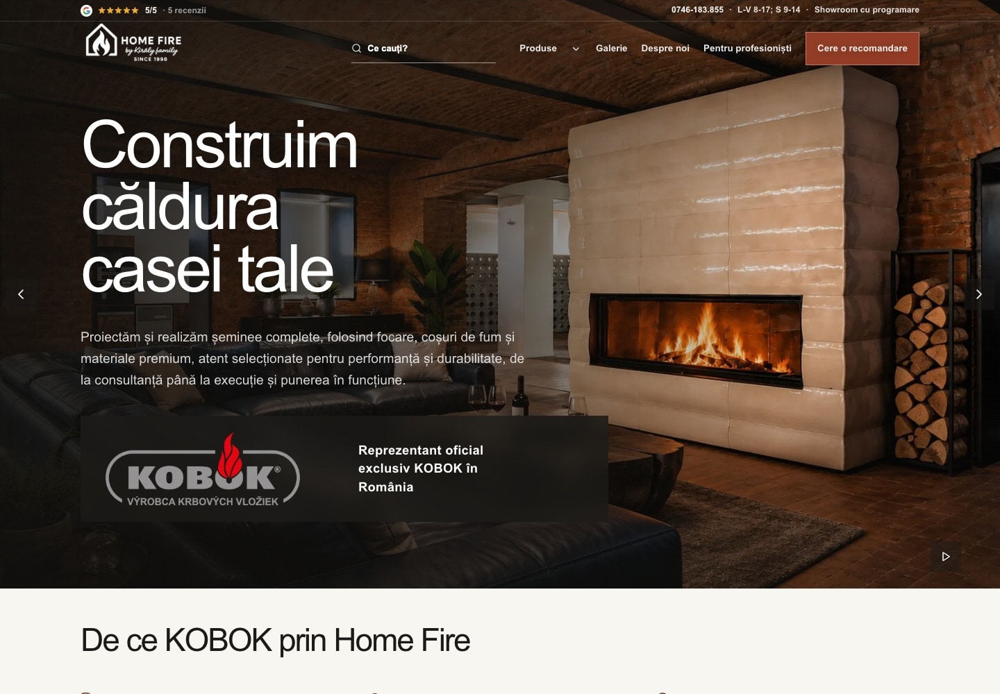 Pagina principală Home Fire cu un șemineu finalizat, introducere în română și navigare spre catalog