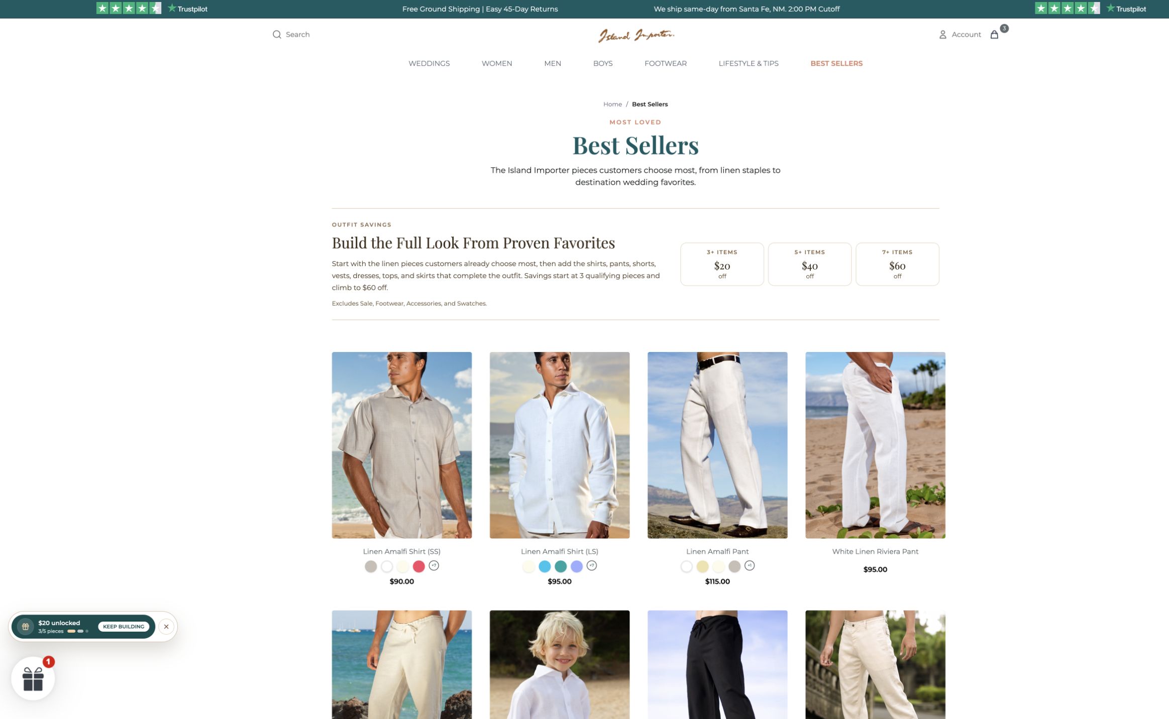 Island Importer grooms collection with Outfit Savings and product cards
