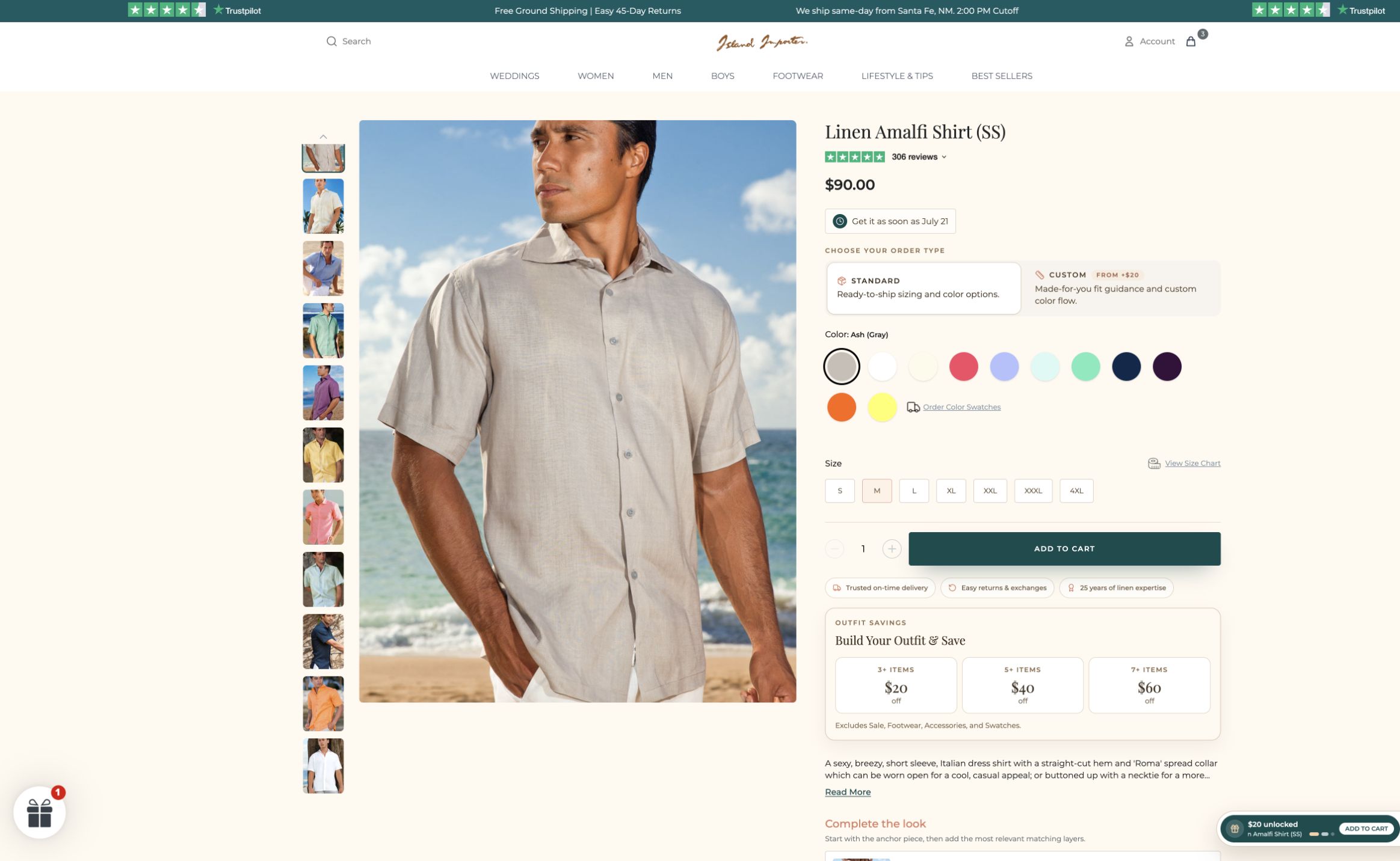 Island Importer linen shirt product page with order type and color choices
