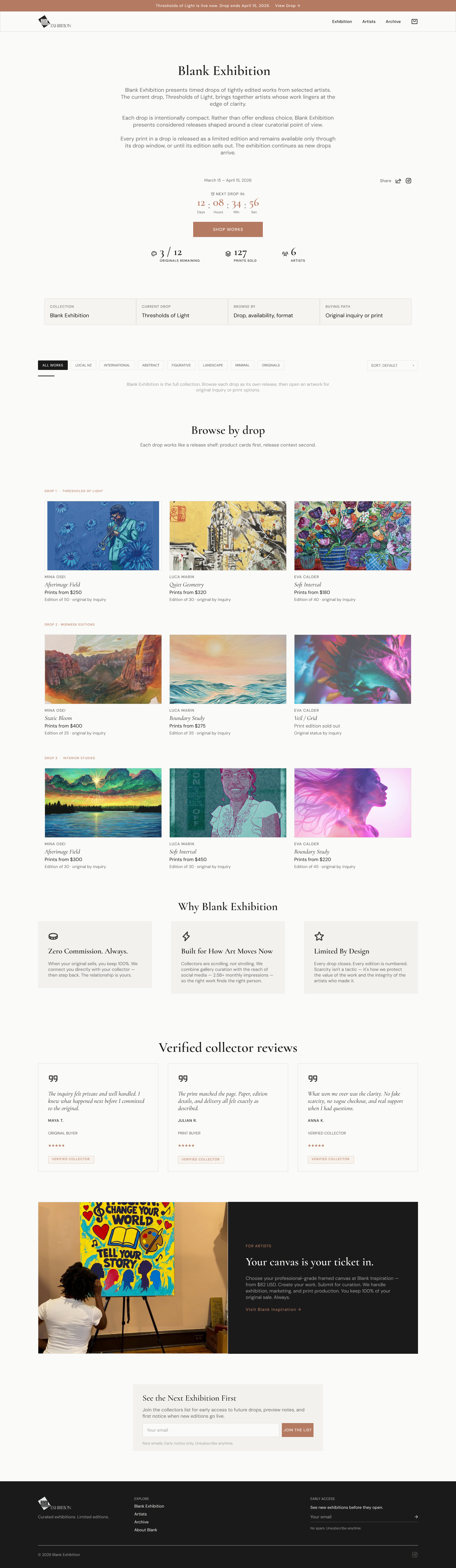 Full Blank Exhibition index design with timed drop, artwork grid, proof, and signup