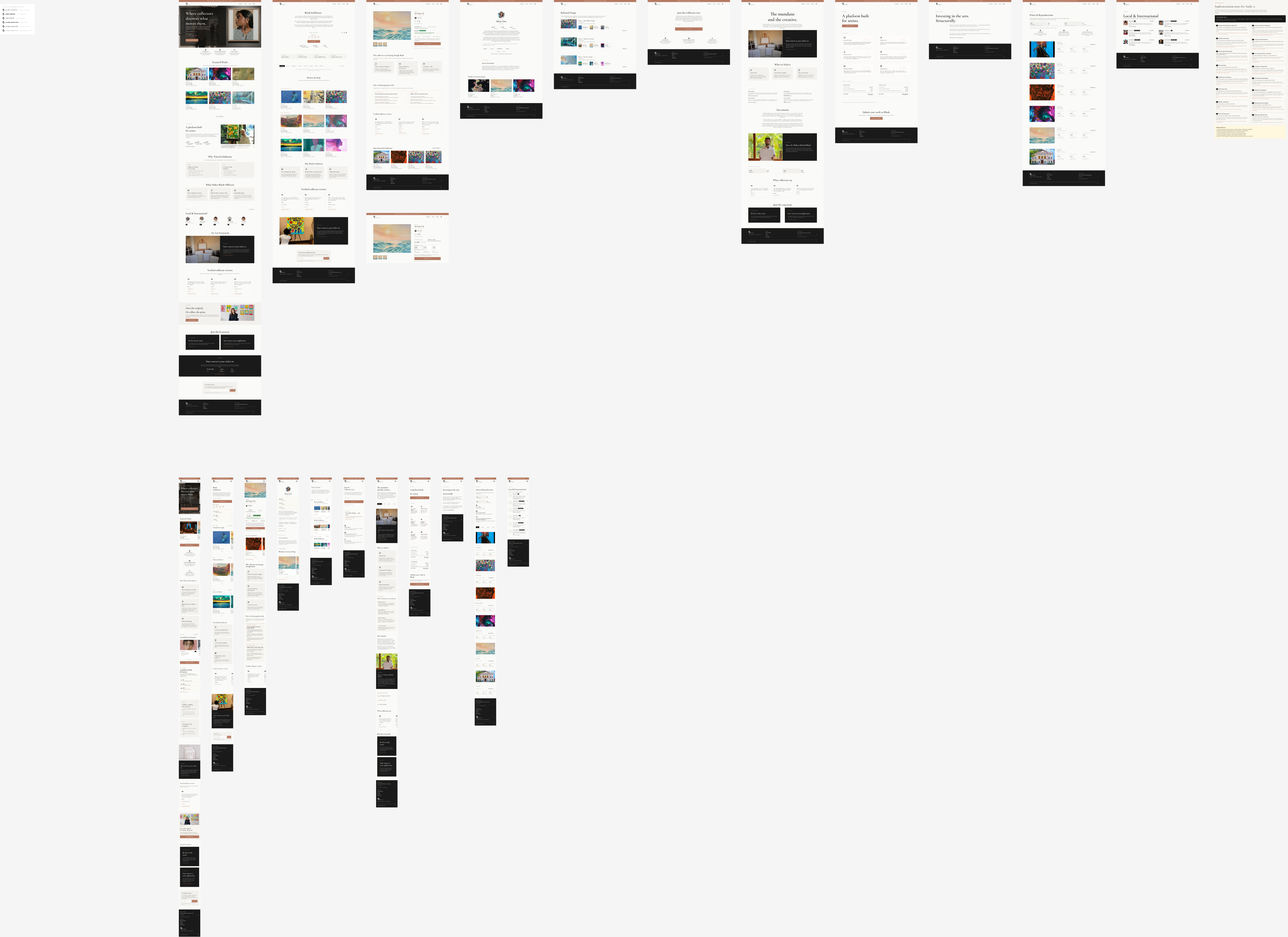 Blank Exhibition desktop and mobile production pages arranged in Figma