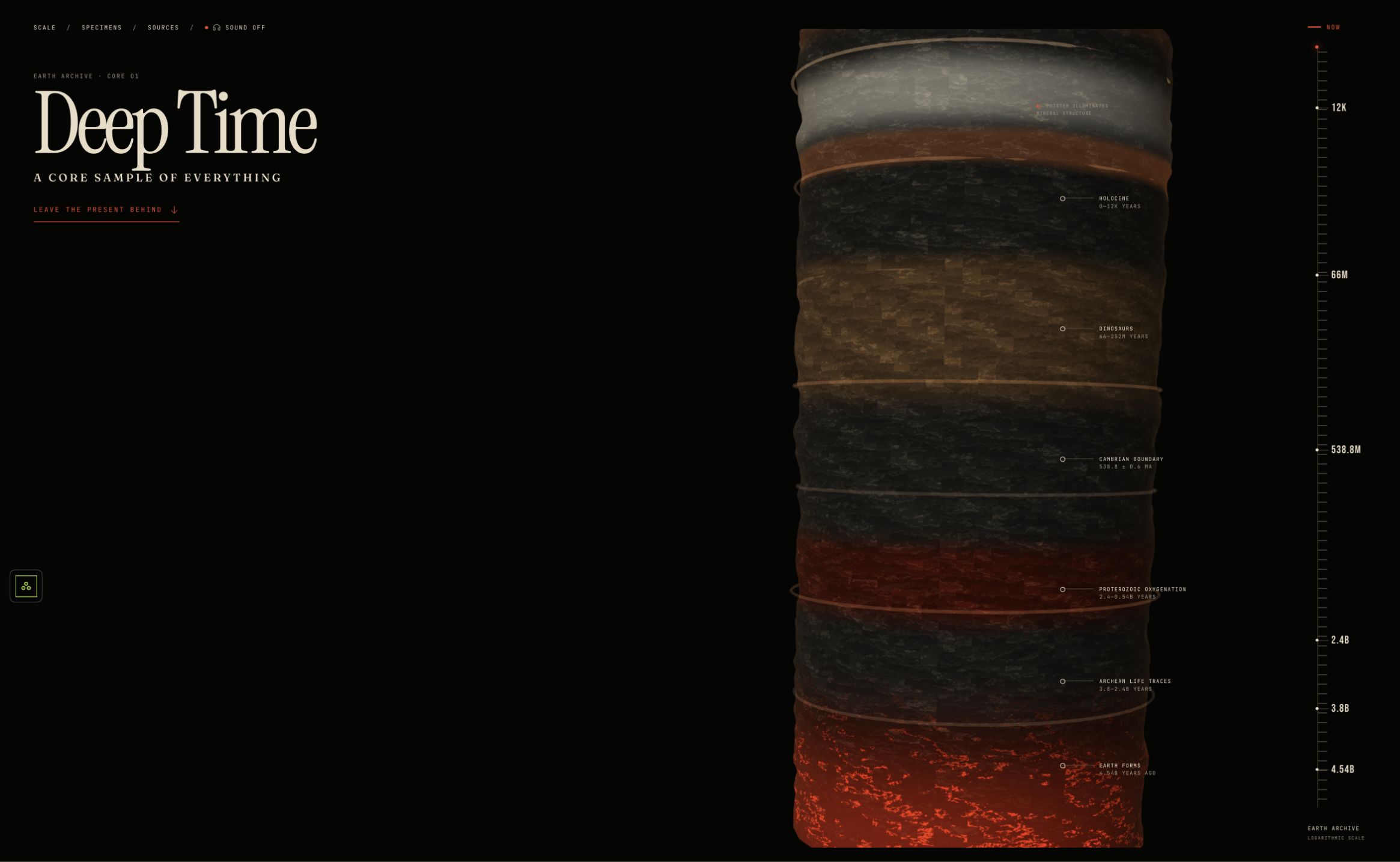 Deep Time loaded hero with a continuous geological core and logarithmic age scale