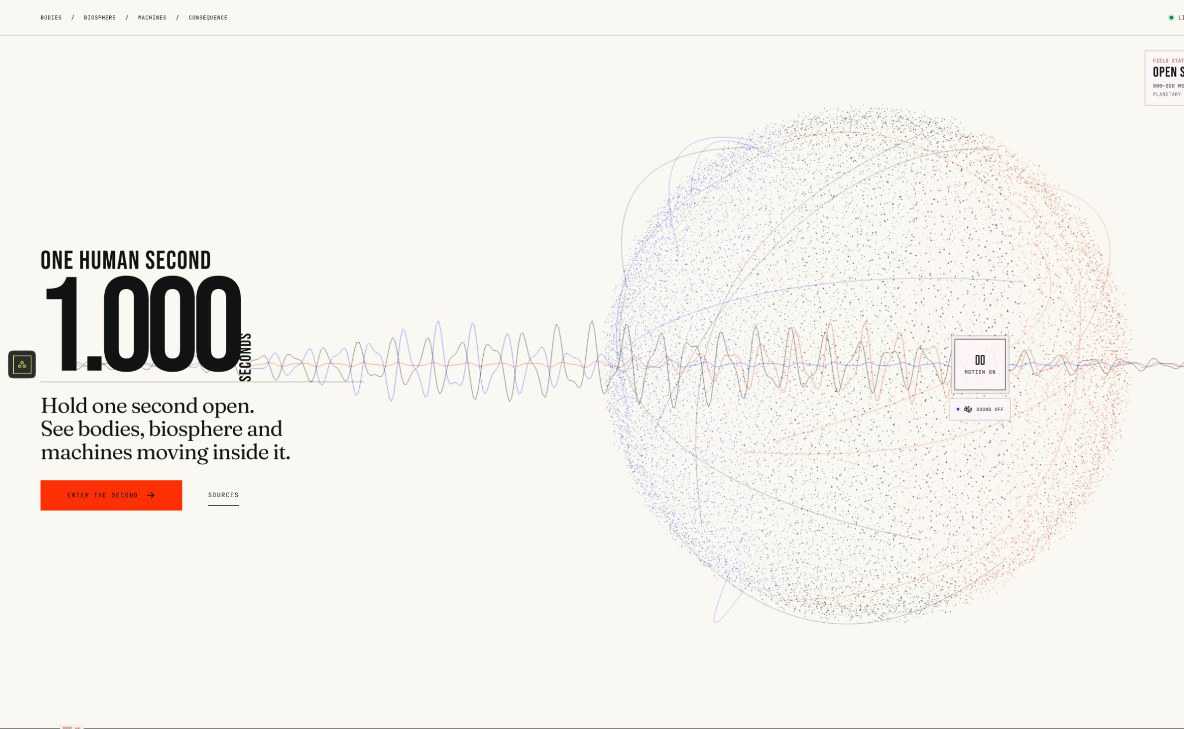 One Human Second loaded hero with a point-cloud globe and one-second instrument controls