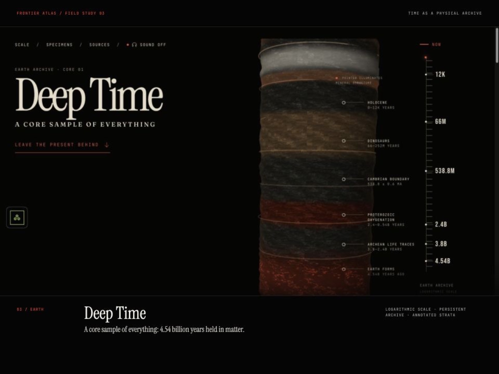 Rendered Frontier Atlas presentation frame for Deep Time experience