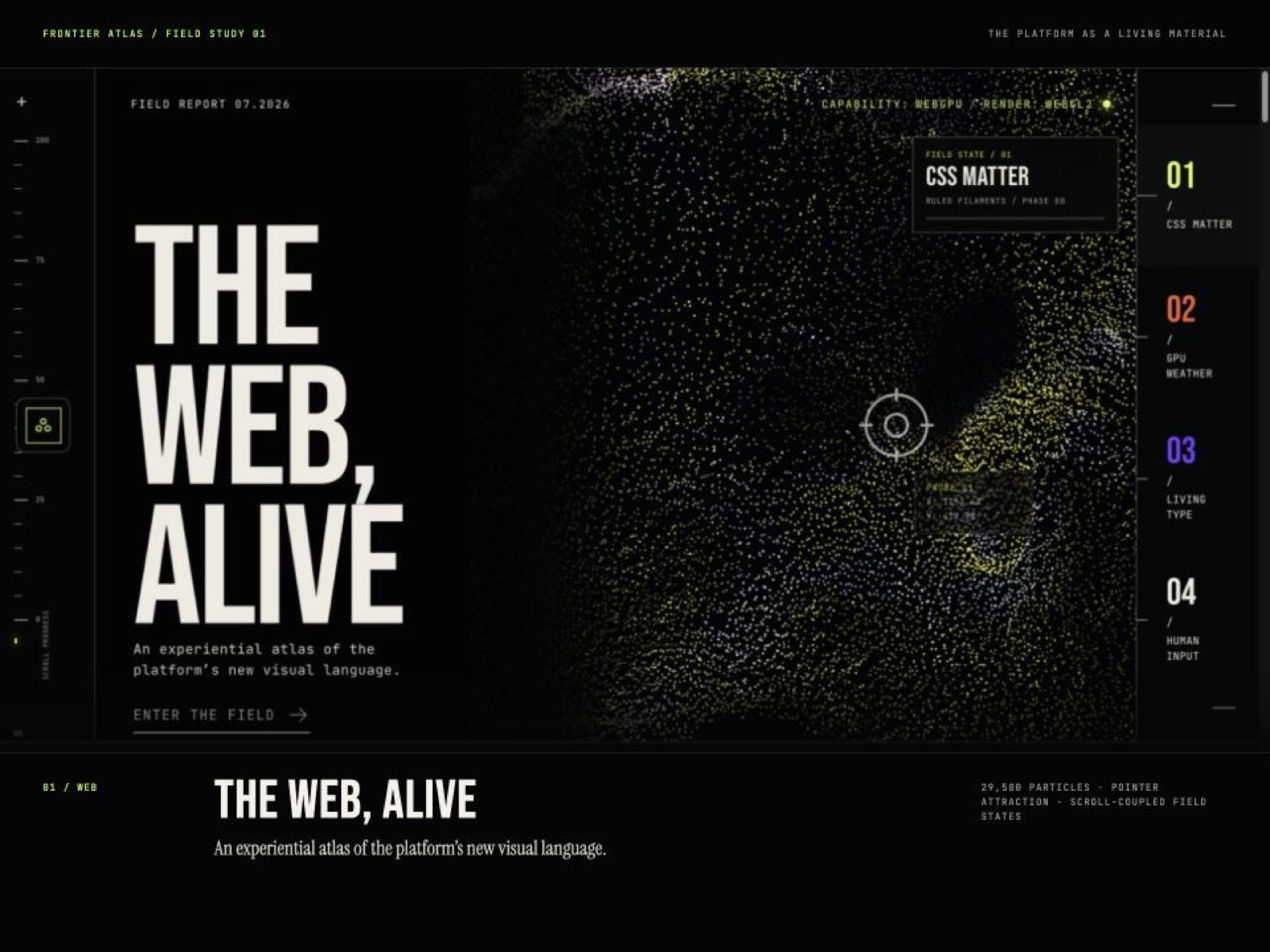 Rendered Frontier Atlas presentation frame for The Web, Alive experience
