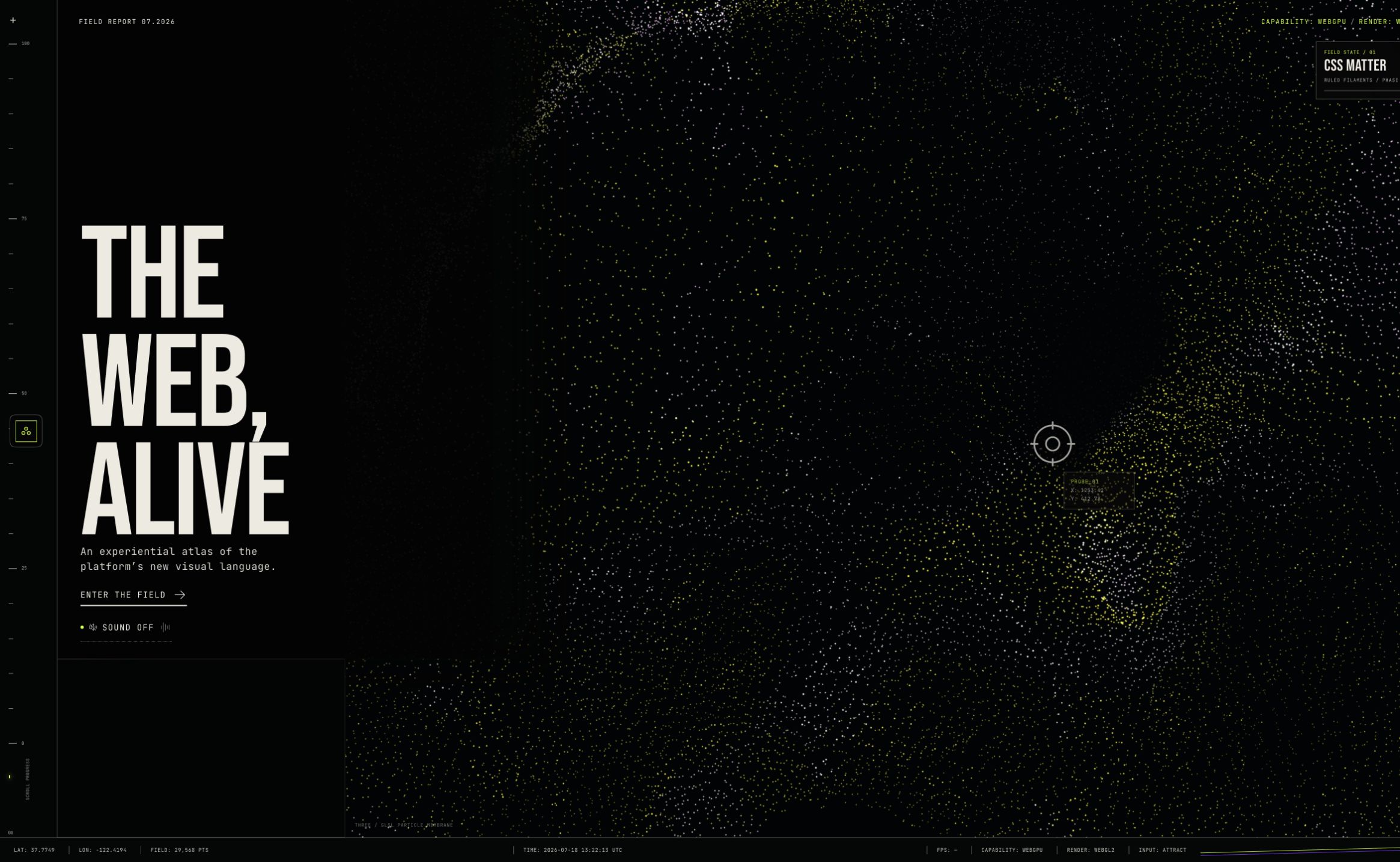 The Web, Alive hero with its live particle field